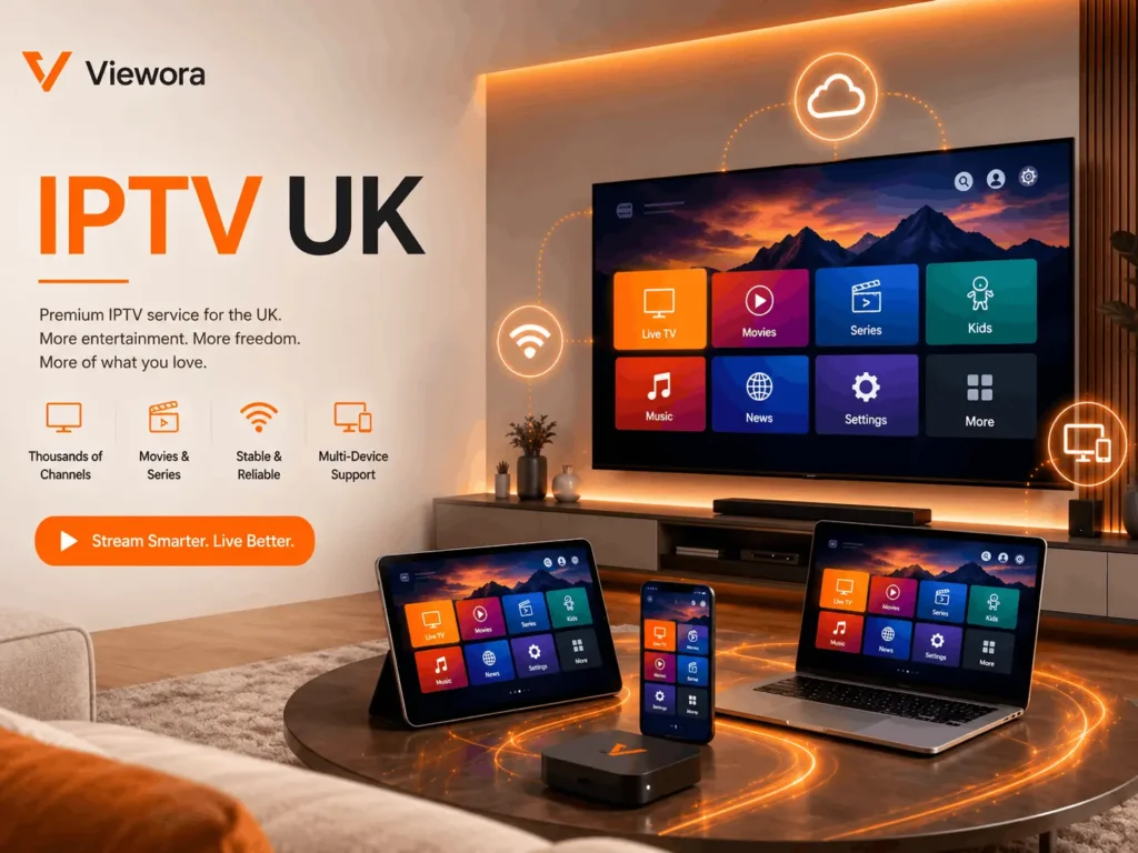 Viewora IPTV UK hero banner showing live TV, movies, series and kids channels streaming across Smart TV, tablet, phone and laptop with multi-device support